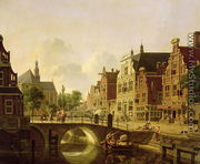 Dutch town scene with canal, figures and a church - Jan Hendrik Verheyen