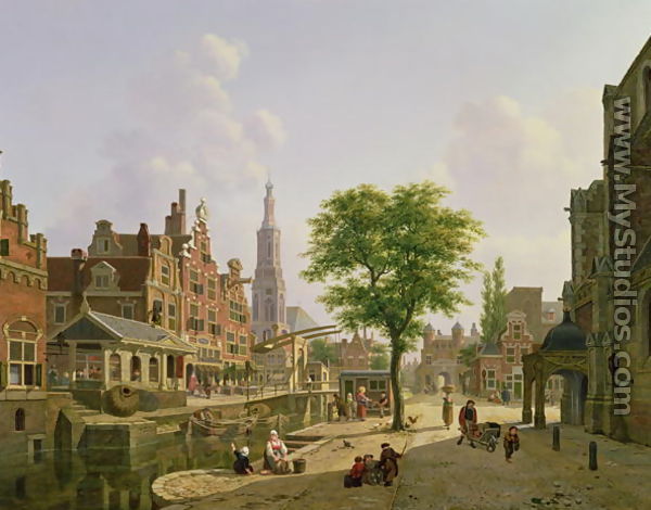 Dutch town scene with canal - Jan Hendrik Verheyen