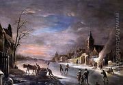 Figures Gathered Around a Bonfire at the Edge of a Frozen River - Andries Vermeulen