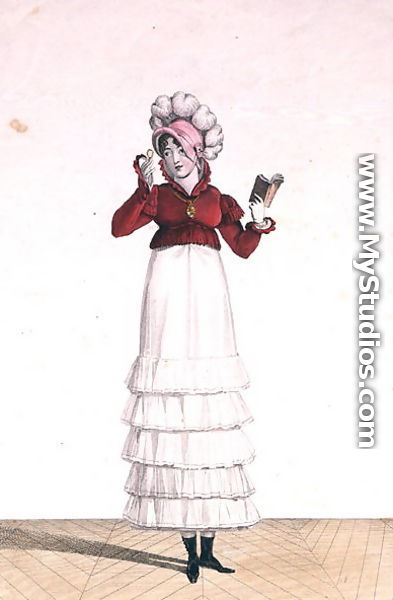 A Lady in a Levantine hat, a tiered skirt and a velvet jacket, plate 6 from the Incroyable et merveilleuse series of fashion plates, engraved by Georges Jacques Gatine 1773-1831 published 1797 in Paris - Carle Vernet