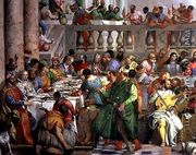 The Marriage Feast at Cana, detail of banqueting table with man in a green robe and dwarf with a parrot, c.1562 - Paolo Veronese (Caliari)