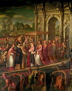 King Henri III 1551-89 of France visiting Venice in 1574, escorted by Doge Alvise Mocenigo 1570-77 and met by the Patriarch Giovanni Trevisan, from the Room of the Four Doors - Andrea Michieli (see Vicentino)