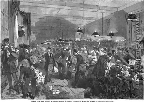 Interior of the Paris post office during the first week of January, the postmen room, engraved by Fortune Louis Meaulle 1844-1901 - Daniel Urrabieta Vierge