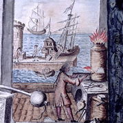 View from a workshop of silversmiths of the unloading of a merchant vessel into port, from a silversmith book Llibre de Passenties per Argenters, 1761 - Onofre Vilar