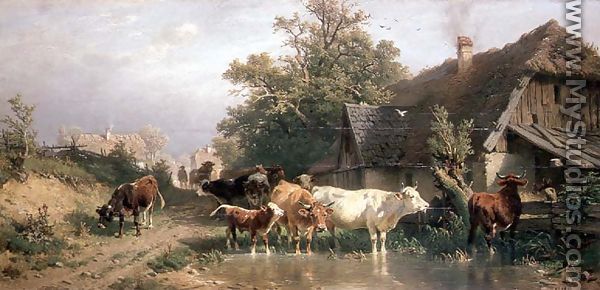 Cattle watering at a pond - Friedrich Johann Voltz