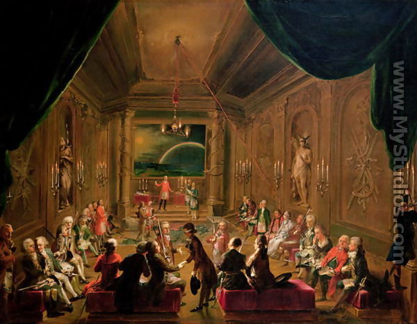 Initiation ceremony in a Viennese Masonic Lodge during the reign of Joseph II, with Mozart seated on the extreme left, 1784 - Ignaz Unterberger