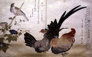 Cockerel and Hen on the right with a Bunting on the left, from an album Birds compared in Humorous Songs Momo Chidori Kyoka Awase, 1791 - Kitagawa Utamaro
