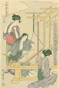 Weaving the silk, no.12 from Joshoku kaiko tewaza-gusa, c.1800 - Kitagawa Utamaro