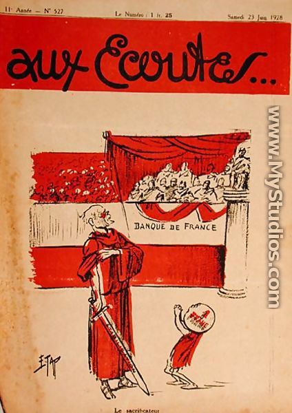 The Sacrificer, Raymond Poincare 1860-1934 in the Arena Readies himself to Strike the Franc with the Sword of Stabilisation, caricature from the magazine Aux Ecoutes, 1928 - E. Tap