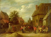 The courtyard of a village inn with a man toasting departing revellers - David The Younger Teniers