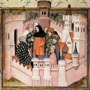 Harl 1319 f.37v Richard II receiving the Earl of Northumberland at Conway, from the Histoire du Roy dAngleterre, Richard II - Master The Virgil