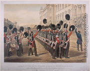 Parade of the Scots Fusilier Guards at Buckingham Palace on the morning of their departure for the Seat of War, March 2nd 1854, engraved by E. Walker, published by Colnaghi and Co., 1854 - George Housman Thomas