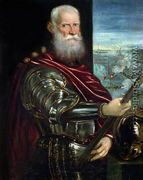 Portrait of Sebastiano Vernier d.1578 Commander-in-Chief of the Venetian forces in the war against the Ottoman Empire with the battle of Lepanto in the background, c.1571 - Jacopo Tintoretto (Robusti)