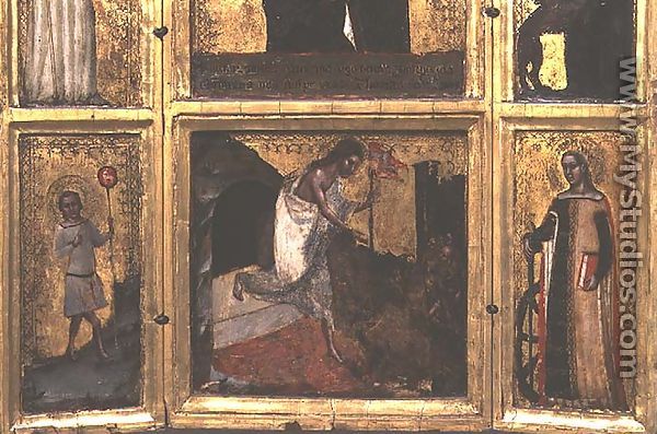 Resurrection with Christ as a boy and St. Catherine, bottom half of a triptych  - Tommaso da Modena Barisino or Rabisino