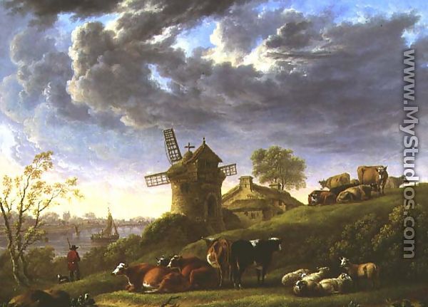 Sunlit Pastures by a Riverside Village - Charles Towne