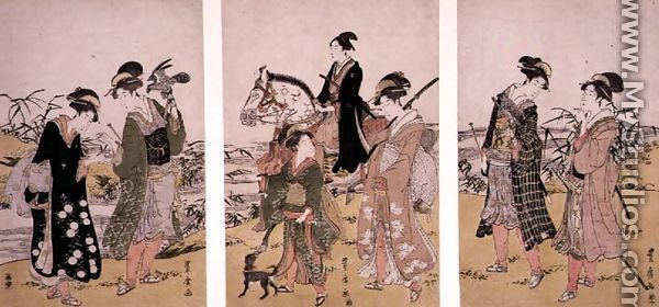 Hawking Party triptych, c.1790 - Utagawa Toyohiro