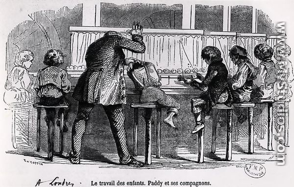 Children working on bobbins in London, Paddy and his companions, from Le Musee des Familles, 1848  - Trichon