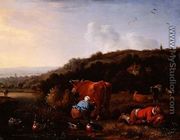 A pastoral landscape with a milkmaid and a sleeping cowherd - Herman Saftleven