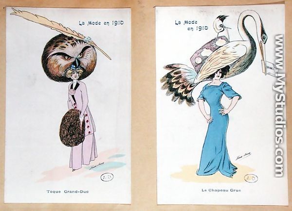 The Eagle Owl Fur Hat and The Crane Hat, cartoon fashion plates, 1910 - Xavier Sager