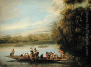 A landscape with a crowded ferry crossing the water in the foreground - Willem Schellinks