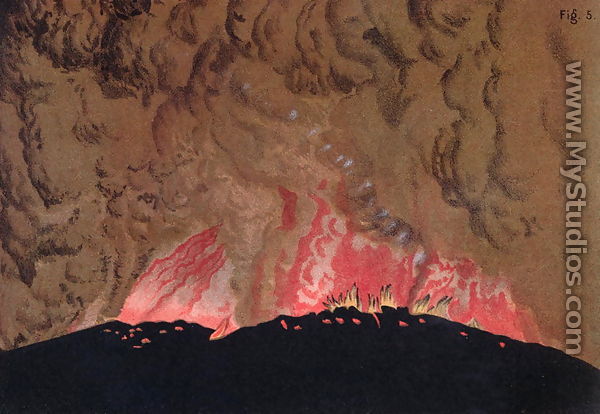 The Aphroessa and Georgios lava flows during an eruption of the Santorini volcano, illustration from Etudes sur les Volcans by the artist, engraved by Druck and Arnold, 1881 - (after) Schmidt, Julius or Jules