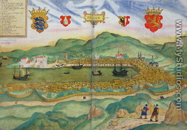 Map of Bergen, from Civitates Orbis Terrarum by Georg Brau 1541-1622 and Franz Hogenberg 1535-90 c.1571-1600 - Hieronymous Scholeus