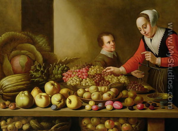 Girl selling grapes from a large table laden with fruit and vegetables - Floris Gerritsz. van Schooten