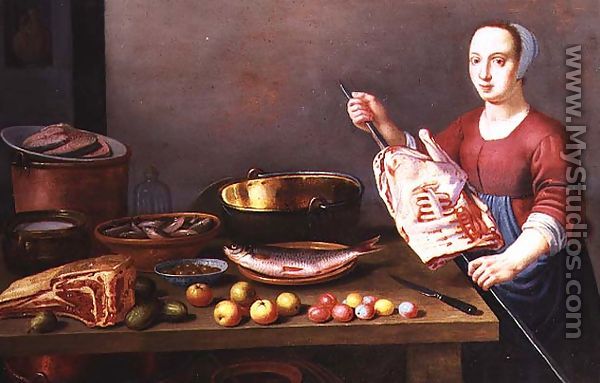 A Still Life of Meat and Fish with a Cook - Floris Gerritsz. van Schooten