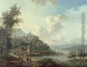 A Rhineland View with a Bridge and Figures in the foreground and a Fortified Town on a Hill beyond - Christian Georg II Schutz or Schuz