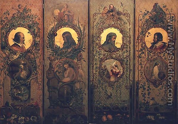 A four leaf screen with portraits of Shakespeare, Milton, Chaucer and Spenser - William Bell Scott