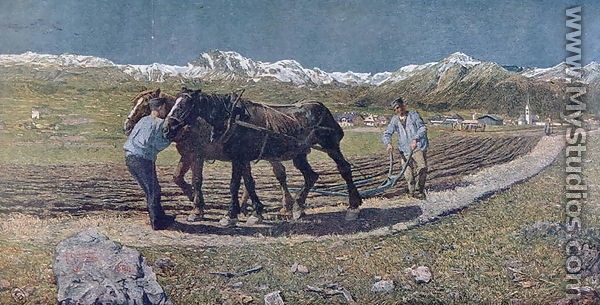 Peasants ploughing a field in the north of Italy, illustration from the magazine Allemand Jugend. 1879 - Giovanni Segantini
