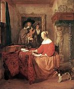 A Woman Seated at a Table and a Man Tuning a Violin - Gabriel Metsu