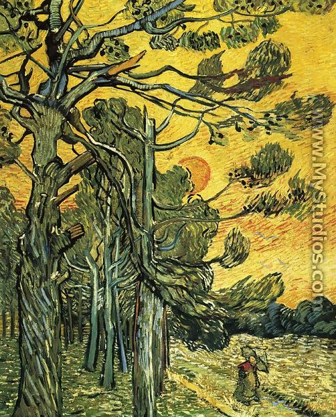 Pine Trees Against A Red Sky With Setting Sun - Vincent Van Gogh