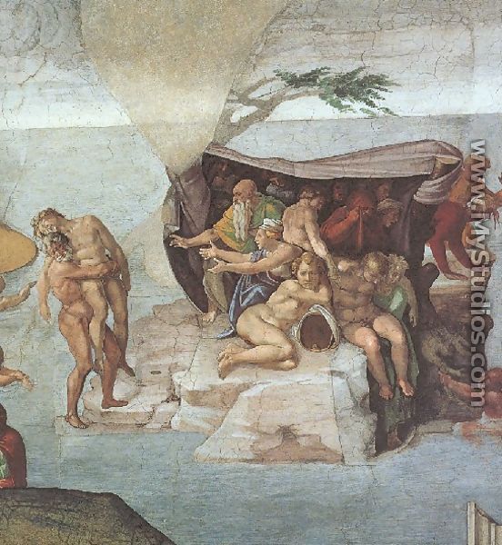 Ceiling Of The Sistine Chapel  Genesis Noah 7 9  The Flood Right View - Michelangelo Buonarroti