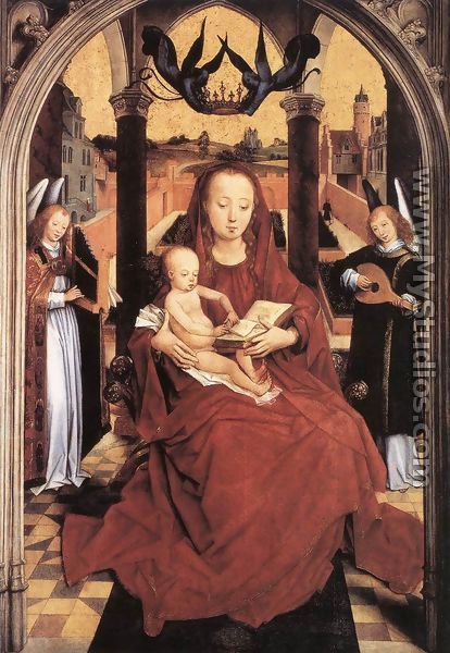 Virgin And Child Enthroned With Two Musical Angels - Hans Memling