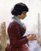 Girl In Red  Sewing - Theodore Robinson