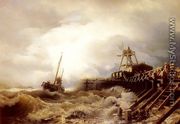 A Fishing Boat Caught In A Squall Off A Jetty - Andreas Achenbach