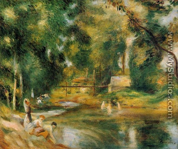 Essoyes Landscape   Washerwoman And Bathers - Pierre Auguste Renoir