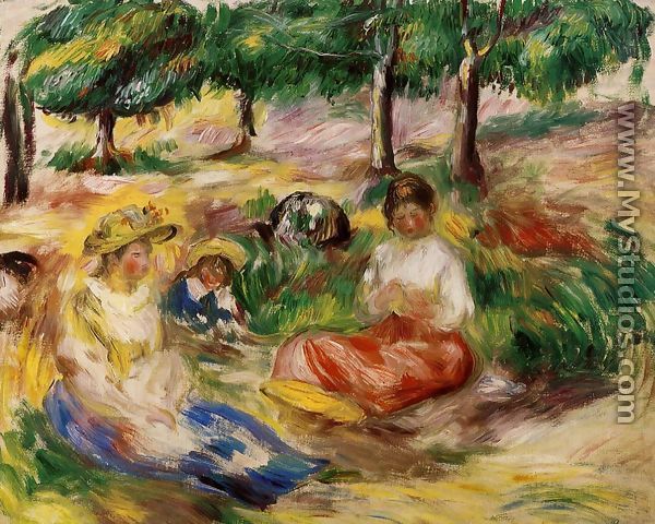 Three Young Girls Sitting In The Grass - Pierre Auguste Renoir