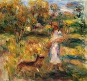 Woman In Blue And Zaza In A Landscape - Pierre Auguste Renoir