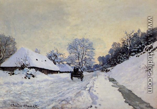 A Cart On The Snow Covered Road With Saint Simeon Farm - Claude Oscar Monet