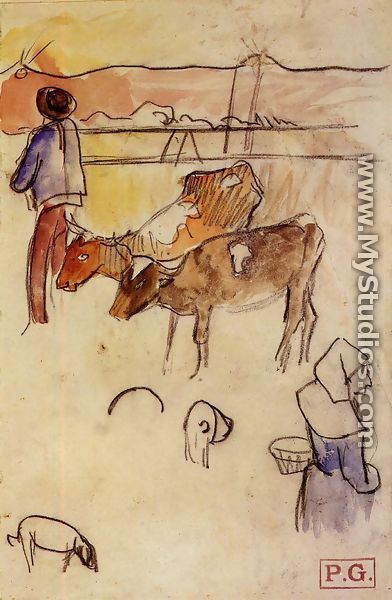 Bretons And Cows (sketch) - Paul Gauguin