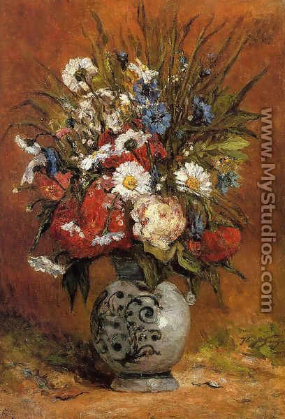 Daisies And Peonies In A Blue Vase - Paul Gauguin