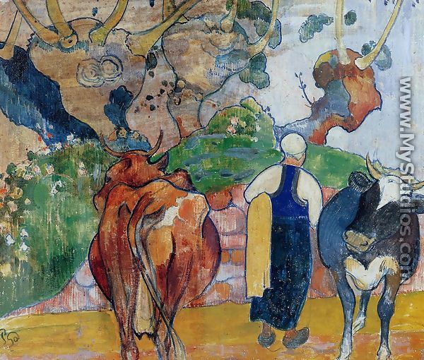 Peasant Woman And Cows In A Landscape - Paul Gauguin