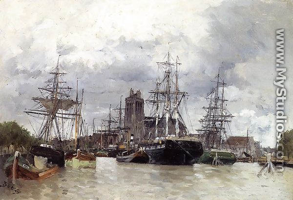 Dordrecht Harbor With Shipping And Cathedral - Frank Myers Boggs