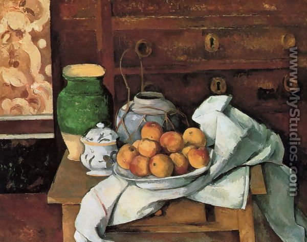 Vessels  Fruit And Cloth In Front Of A Chest - Paul Cezanne