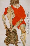 Female Model In Bright Red Jacket And Pants - Egon Schiele