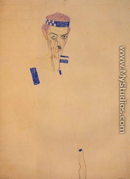 Man With Blue Headband And Hand On Cheek - Egon Schiele