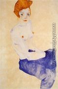 Seated Girl With Bare Torso And Light Blue Skirt - Egon Schiele