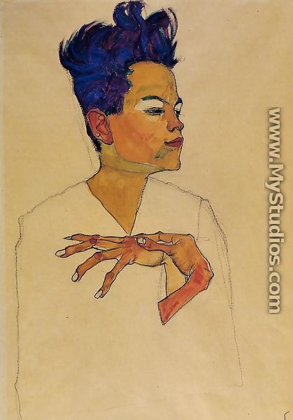 Self Portrait With Hands On Chest - Egon Schiele